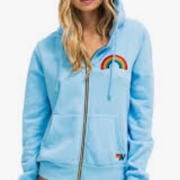 NWT Sz L Aviator Nation Sky Blue Zip Front Hoodie w/Rainbow Embroidery RARE - Picture 8 of 8